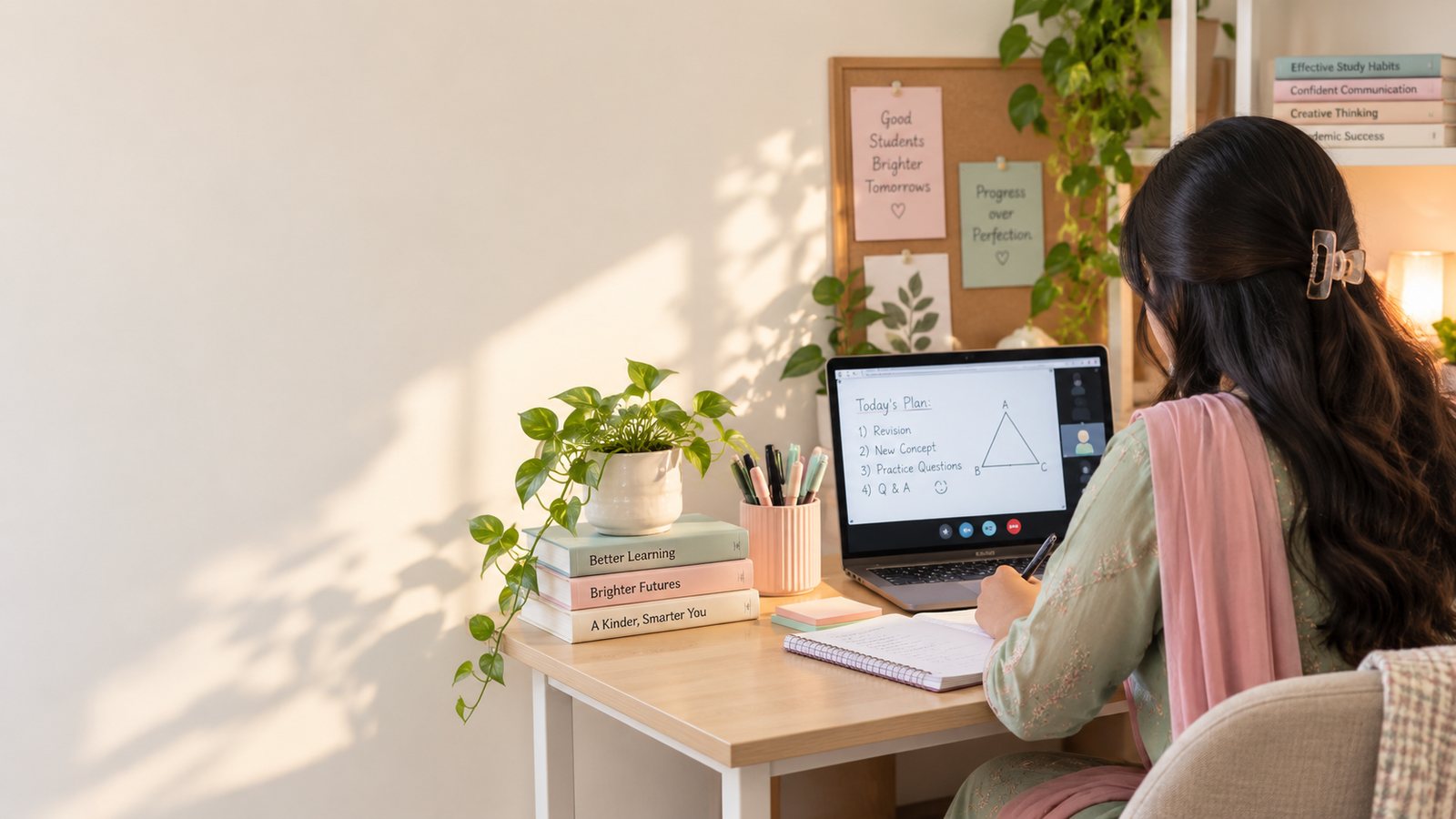 Faceless online tutoring workspace with a student learning remotely